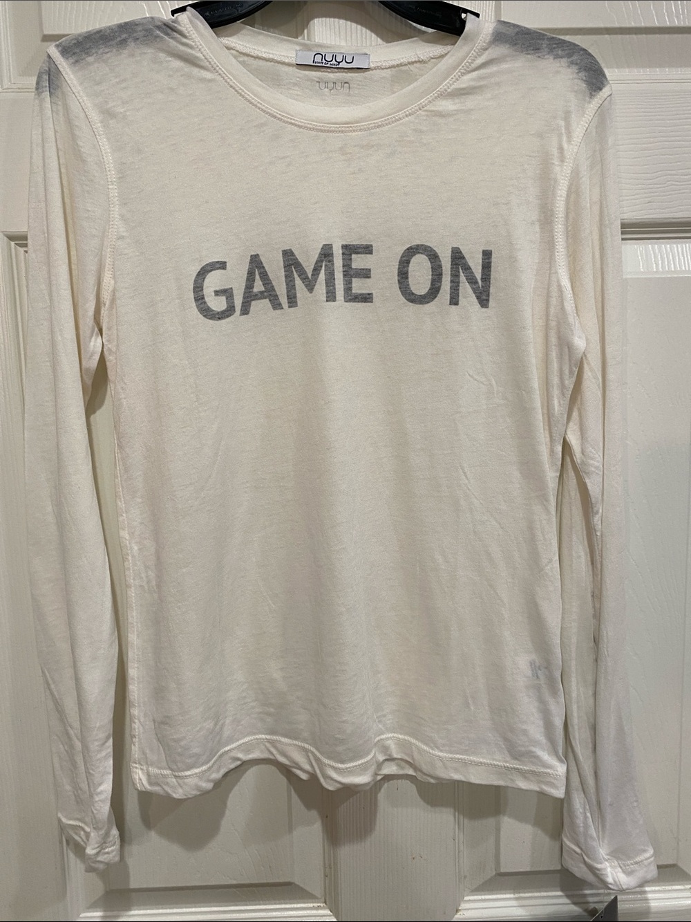 NuYu 'Game On' Long Sleeve Tee in Cream with Gray Print NWT size small